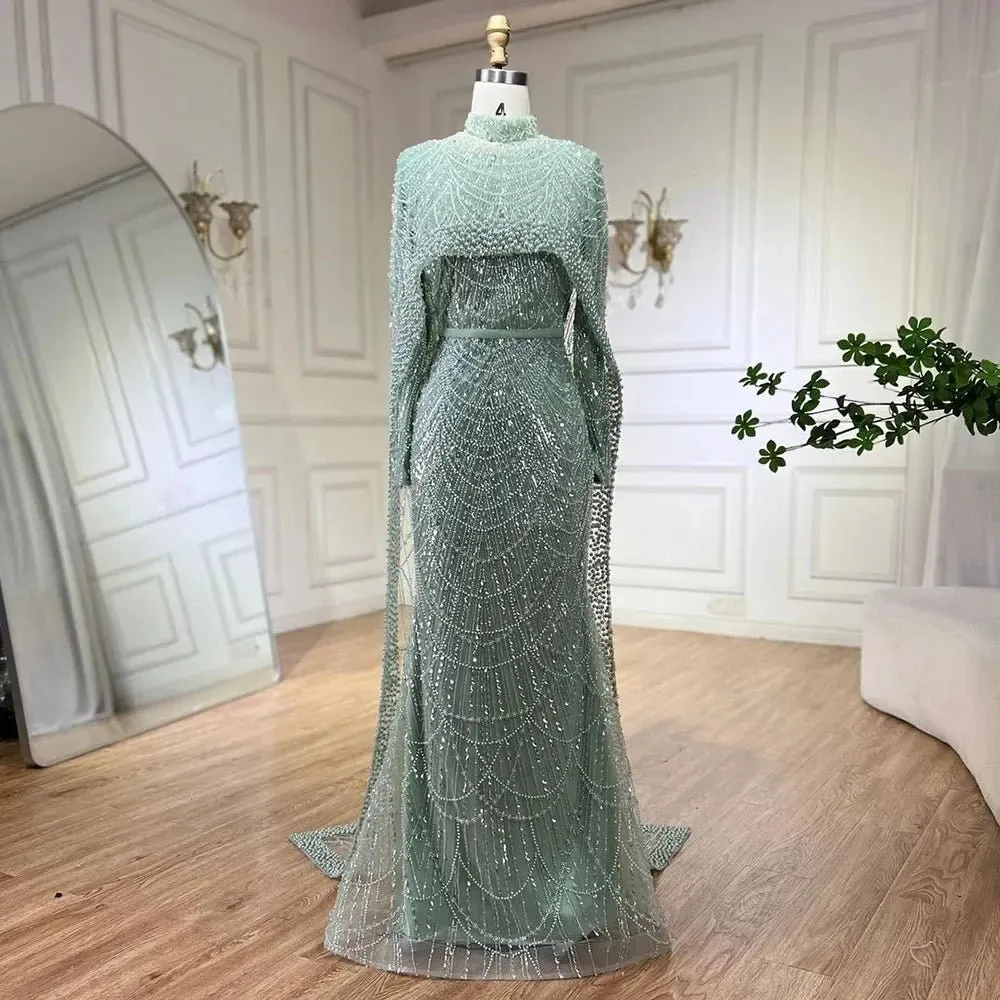 Nude Luxury Beaded Pearls Mermaid Evening Dress