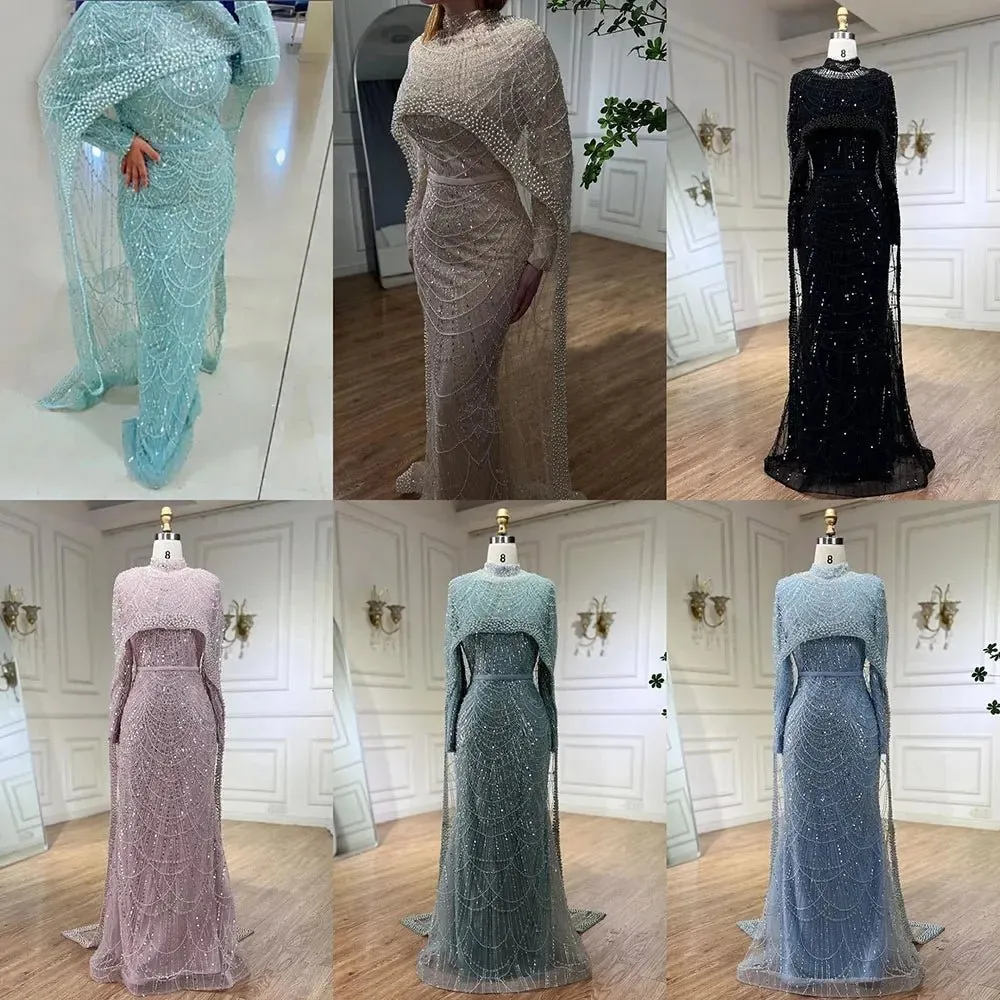 Nude Luxury Beaded Pearls Mermaid Evening Dress