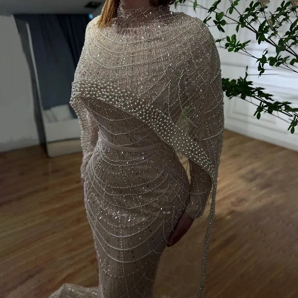 Nude Luxury Beaded Pearls Mermaid Evening Dress