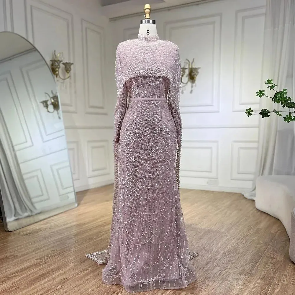 Nude Luxury Beaded Pearls Mermaid Evening Dress