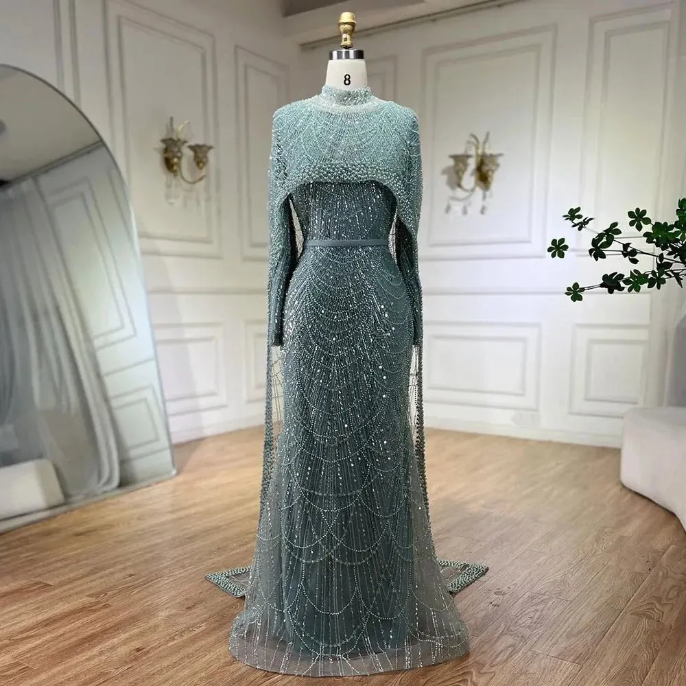 Nude Luxury Beaded Pearls Mermaid Evening Dress