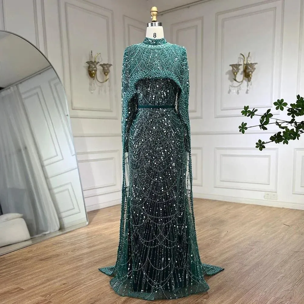 Nude Luxury Beaded Pearls Mermaid Evening Dress