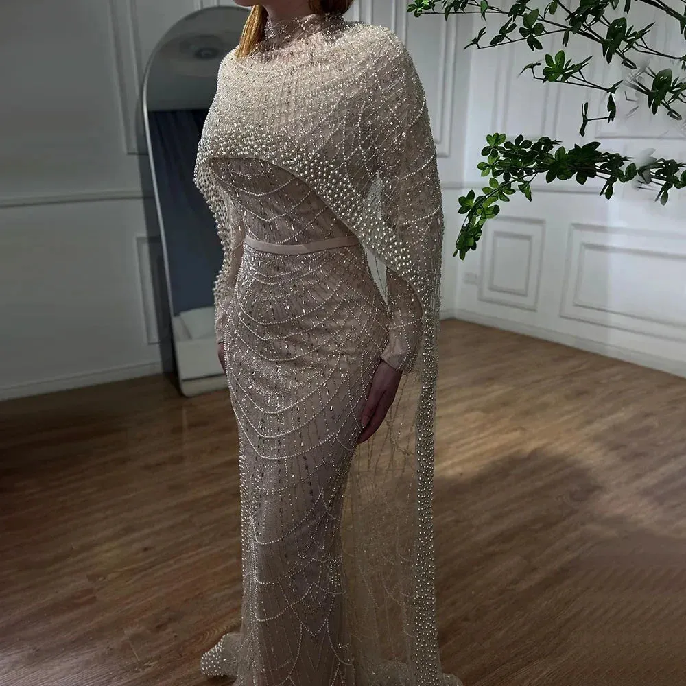 Nude Luxury Beaded Pearls Mermaid Evening Dress