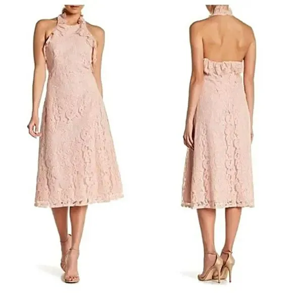 NWT Nanette Lepore Lace Halter Dress Sz 4 Ruffle Blush Pink Cocktail Party Midi
