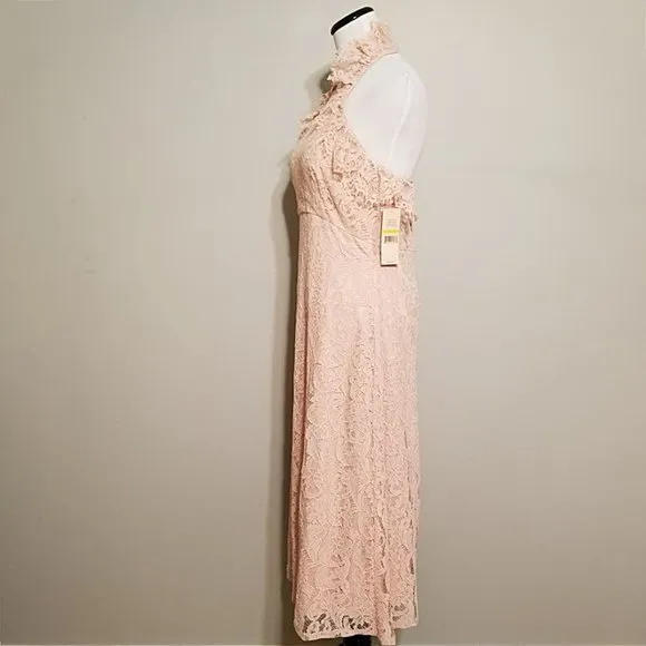 NWT Nanette Lepore Lace Halter Dress Sz 4 Ruffle Blush Pink Cocktail Party Midi