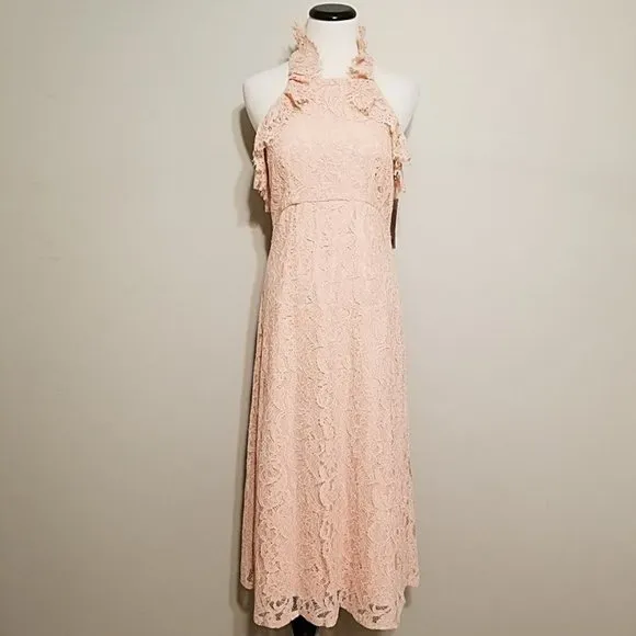 NWT Nanette Lepore Lace Halter Dress Sz 4 Ruffle Blush Pink Cocktail Party Midi