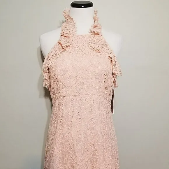 NWT Nanette Lepore Lace Halter Dress Sz 4 Ruffle Blush Pink Cocktail Party Midi