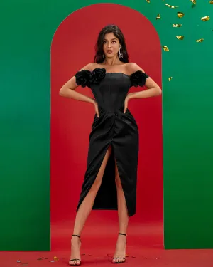 Off Shoulder Black 3D Floral Dress