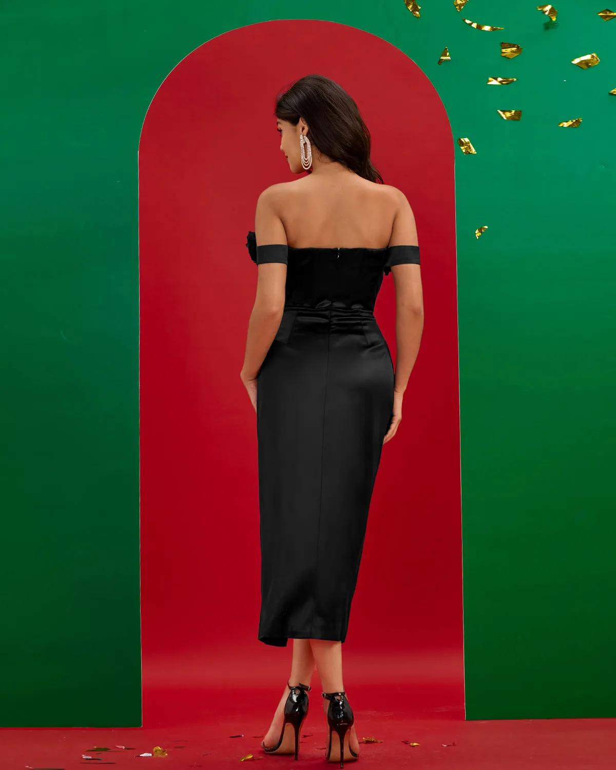 Off Shoulder Black 3D Floral Dress