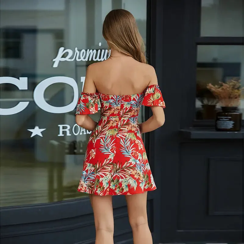 Off Shoulder Red Short Dress - Patterned Summer Fashion