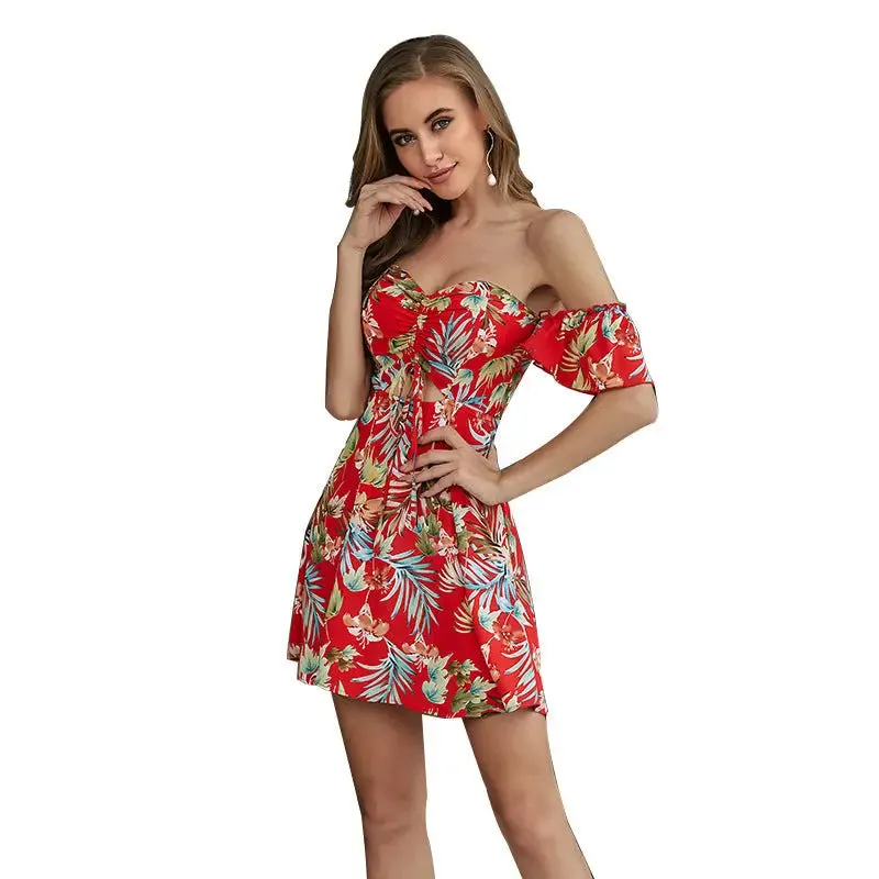 Off Shoulder Red Short Dress - Patterned Summer Fashion