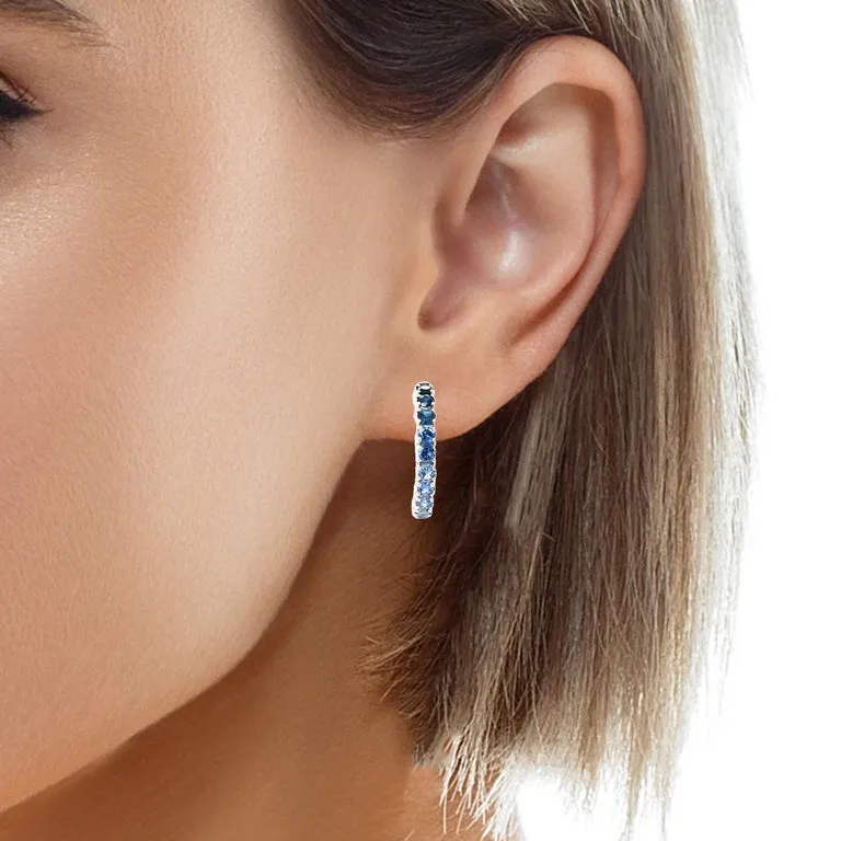 Ombre Blue Sapphire Hoop Earrings in 14k White Gold, 4.26 Carats Total