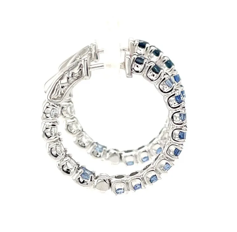 Ombre Blue Sapphire Hoop Earrings in 14k White Gold, 4.26 Carats Total