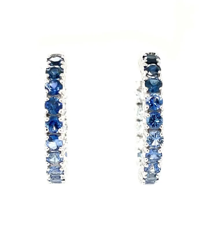 Ombre Blue Sapphire Hoop Earrings in 14k White Gold, 4.26 Carats Total
