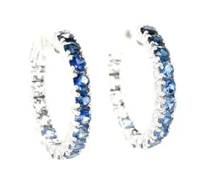 Ombre Blue Sapphire Hoop Earrings in 14k White Gold, 4.26 Carats Total