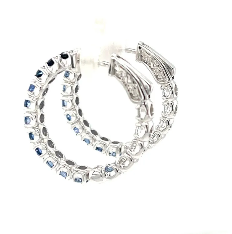 Ombre Blue Sapphire Hoop Earrings in 14k White Gold, 4.26 Carats Total