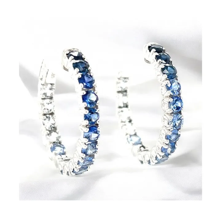 Ombre Blue Sapphire Hoop Earrings in 14k White Gold, 4.26 Carats Total