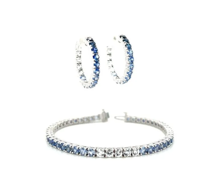 Ombre Blue Sapphire Hoop Earrings in 14k White Gold, 4.26 Carats Total