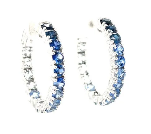 Ombre Blue Sapphire Hoop Earrings in 14k White Gold, 4.26 Carats Total
