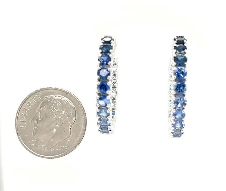 Ombre Blue Sapphire Hoop Earrings in 14k White Gold, 4.26 Carats Total