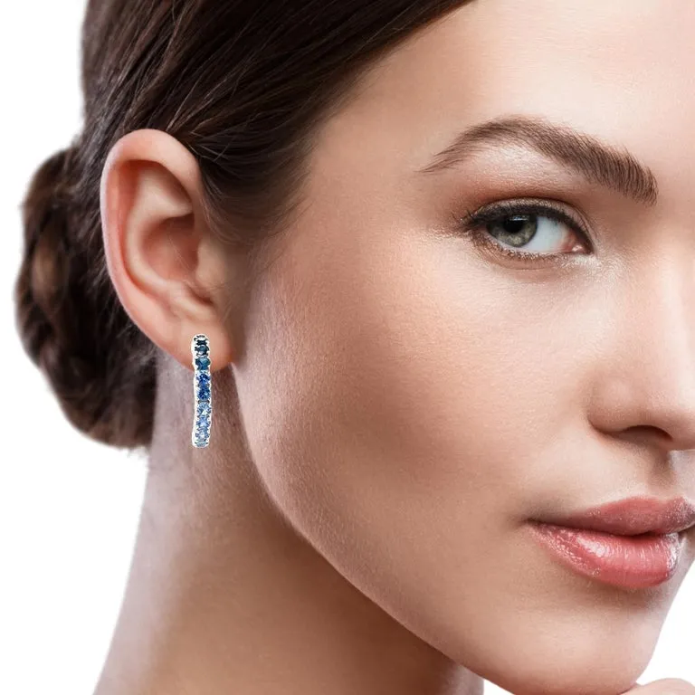 Ombre Blue Sapphire Hoop Earrings in 14k White Gold, 4.26 Carats Total
