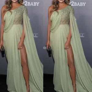 one shoulder beaded prom dresses long chiffon mint green crystals muslim Dubai fashion prom gown