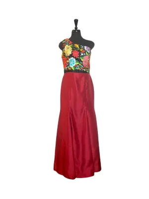 One Shoulder Dress with Embroidered Flowers