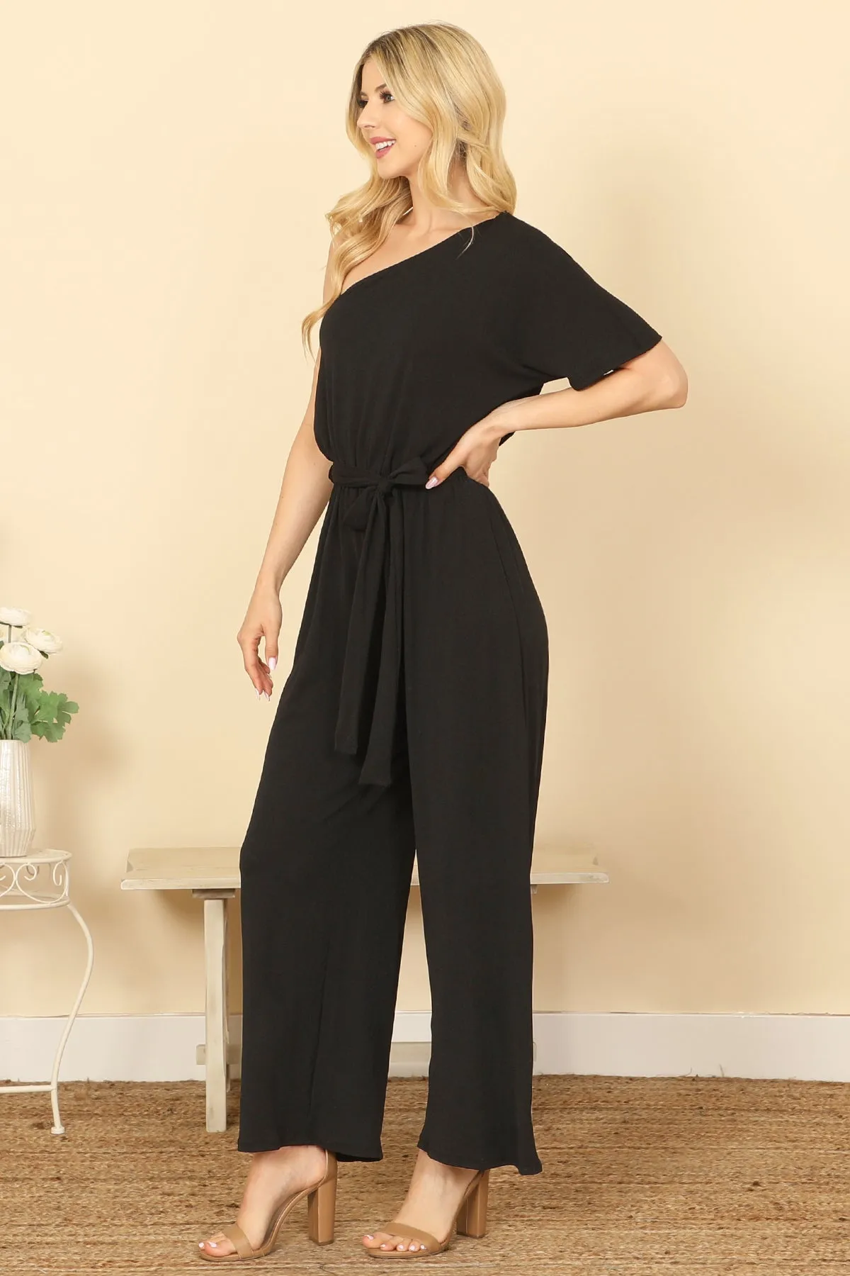 ONE SHOULDER HALF SLEEVE WAIST TIE SOLID JUMPSUIT