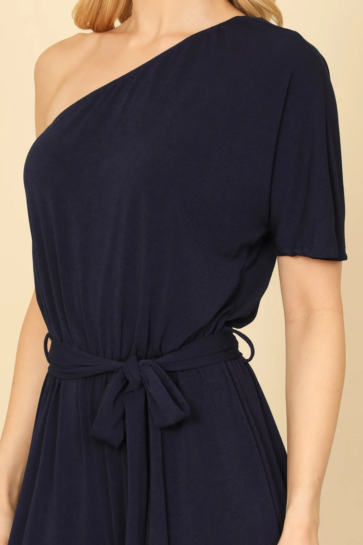 ONE SHOULDER HALF SLEEVE WAIST TIE SOLID JUMPSUIT