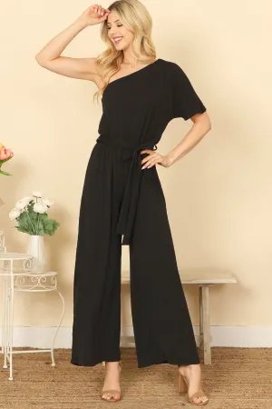 ONE SHOULDER HALF SLEEVE WAIST TIE SOLID JUMPSUIT
