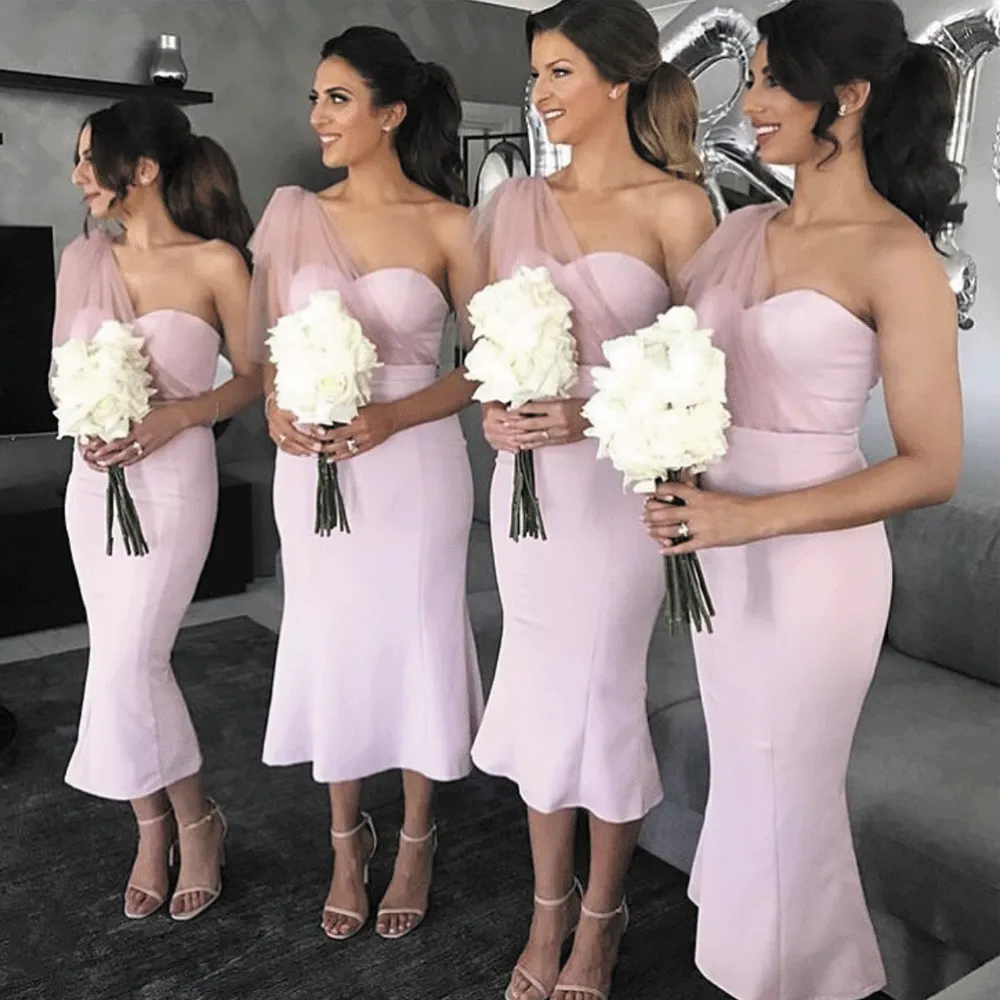 one shoulder pink bridesmaid dresses short mermaid satin cheap elegant wedding party dress