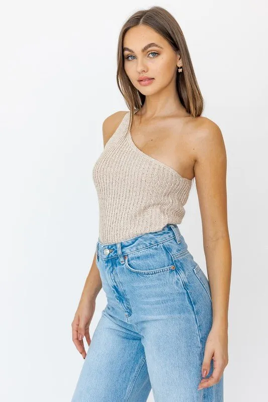 ONE SHOULDER TAPE YARN KNIT TOP