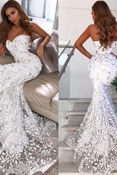 Open Back Leaf Appliques Chic Prom Dresses Mermaid Sweetheart Evening Dress