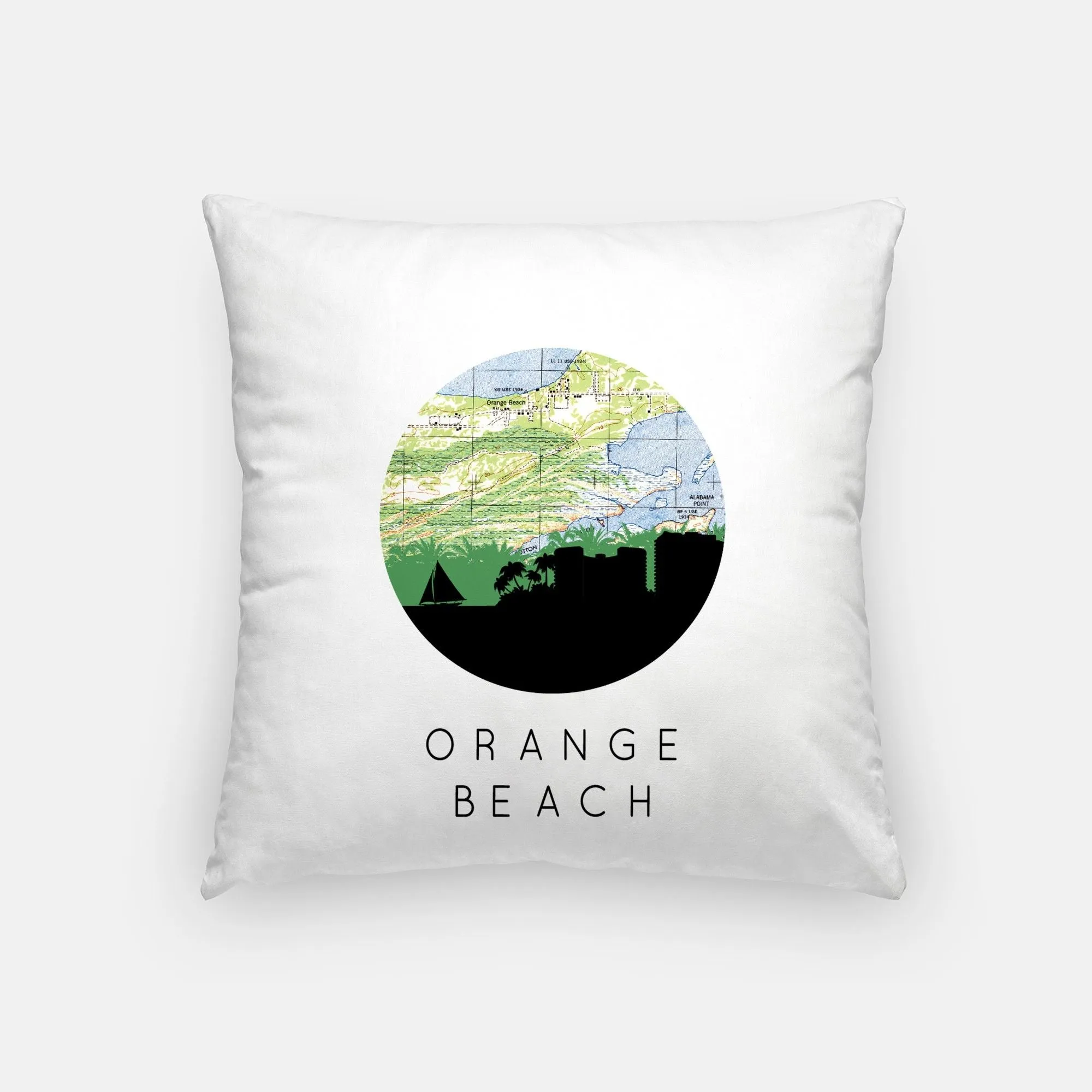 Orange Beach, Alabama City Map Pillow | 18x18 inches | Zippered cover | full map on back