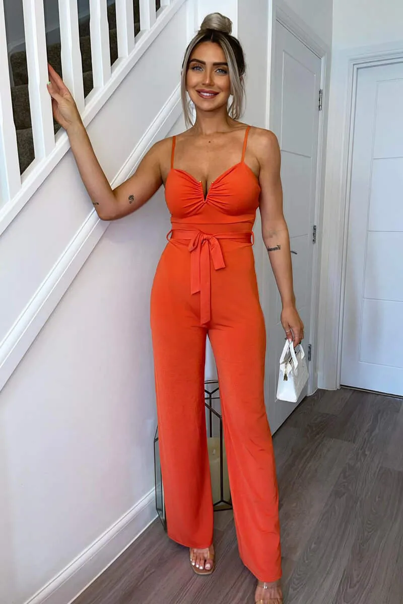 Orange V-Buckle Belted Full Length Jumpsuit