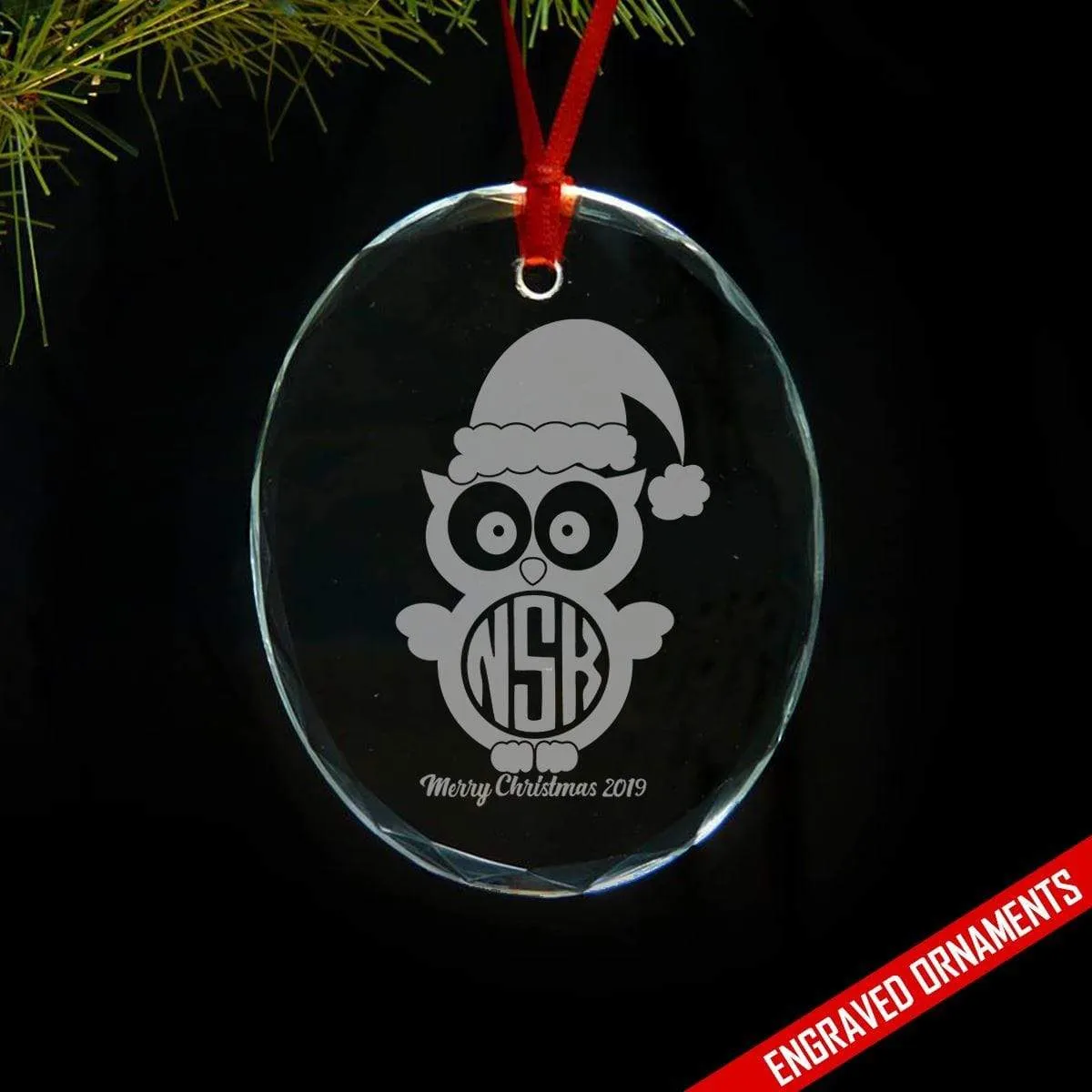 Owl CUSTOM Monogram Engraved Glass Ornament