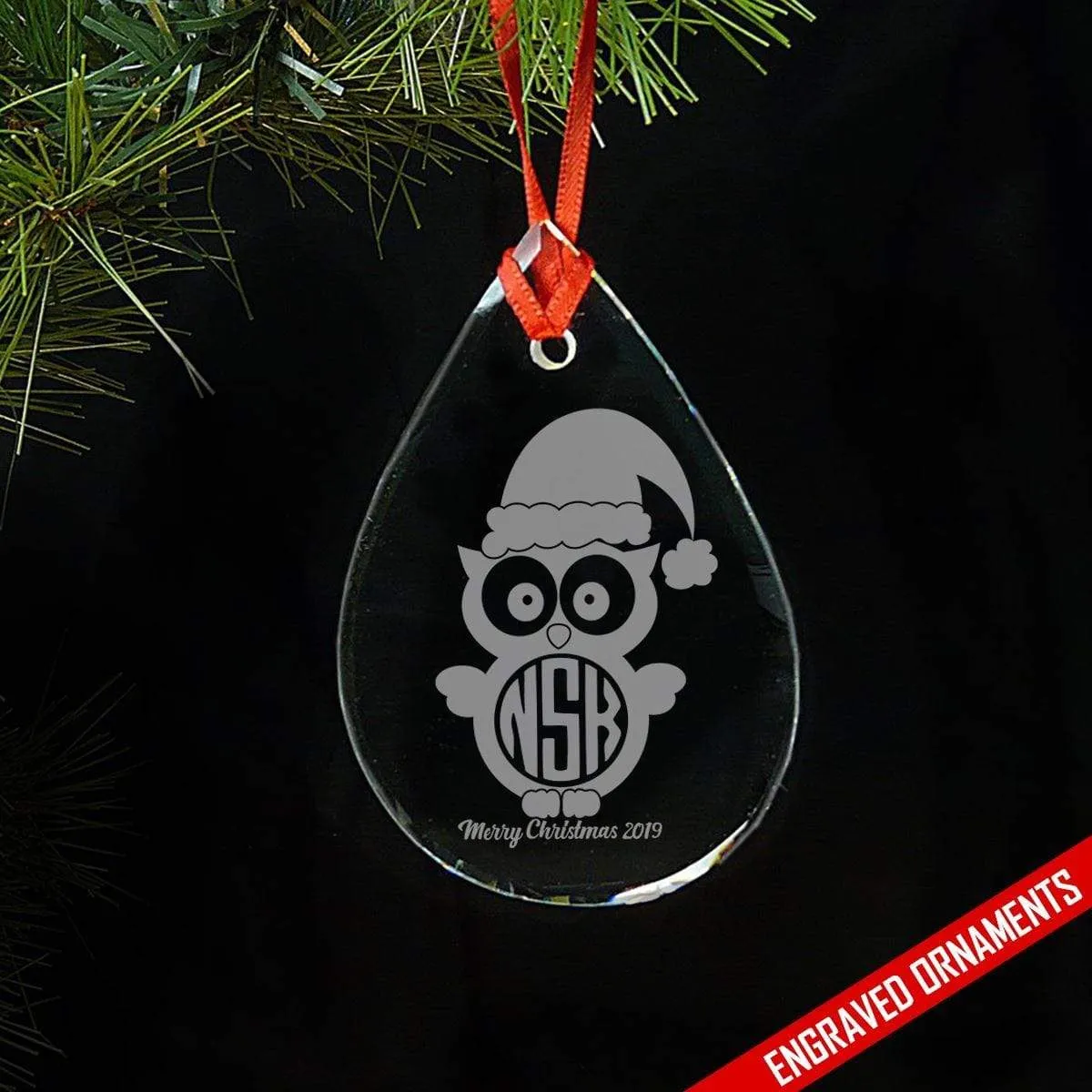 Owl CUSTOM Monogram Engraved Glass Ornament