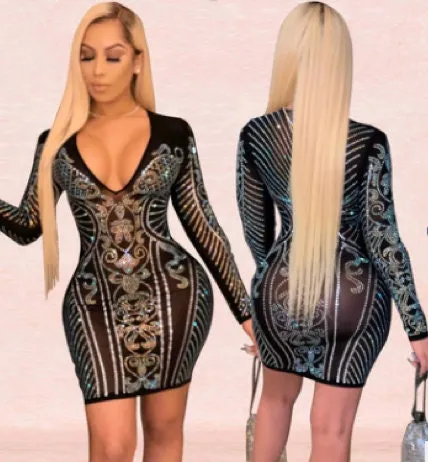 Party Dress | Rhinestone Dress | Sexy Womens Dress | Diamond Dress | Deep V Dress | Sexy Dresses for Party | Sequin Dress | Sexy Dress