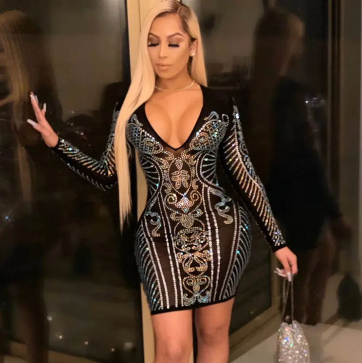 Party Dress | Rhinestone Dress | Sexy Womens Dress | Diamond Dress | Deep V Dress | Sexy Dresses for Party | Sequin Dress | Sexy Dress