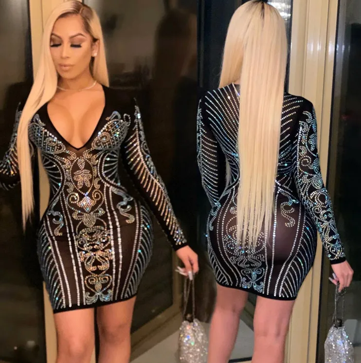Party Dress | Rhinestone Dress | Sexy Womens Dress | Diamond Dress | Deep V Dress | Sexy Dresses for Party | Sequin Dress | Sexy Dress