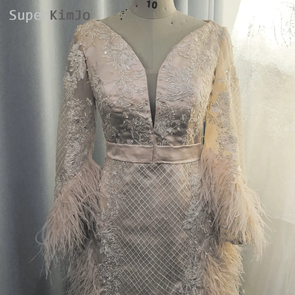 peach evening dresses ankle length feather lace appliqué beaded elegant mermaid evening gown