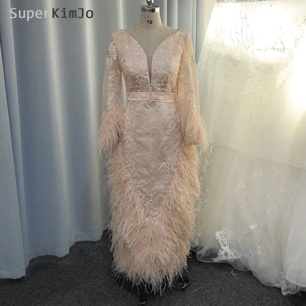 peach evening dresses ankle length feather lace appliqué beaded elegant mermaid evening gown