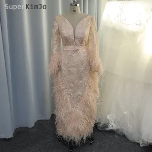 peach evening dresses ankle length feather lace appliqué beaded elegant mermaid evening gown