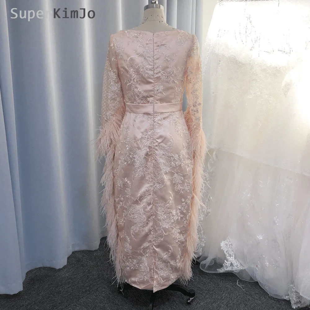 peach evening dresses ankle length feather lace appliqué beaded elegant mermaid evening gown