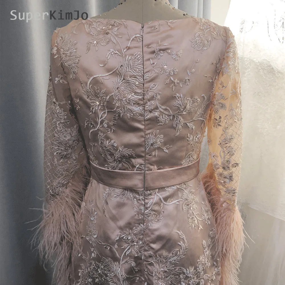 peach evening dresses ankle length feather lace appliqué beaded elegant mermaid evening gown