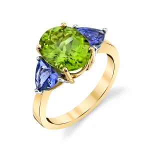 Peridot and Tanzanite Three-Stone Ring in Yellow and White Gold, 3.62 Carats