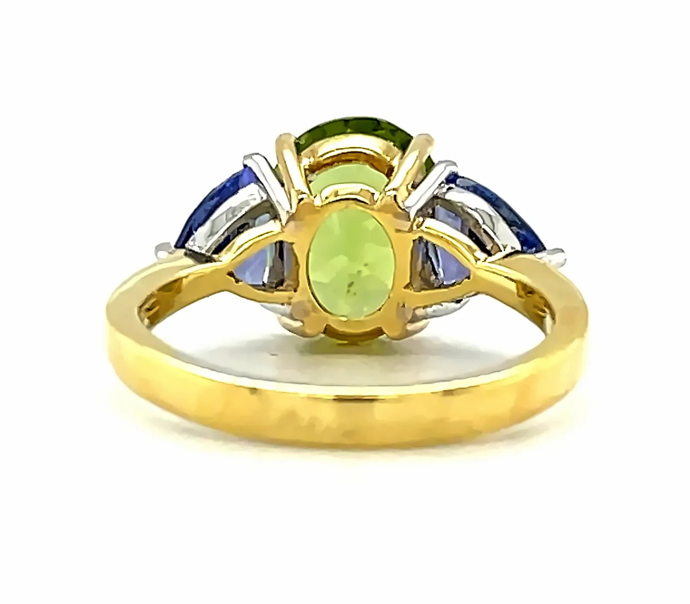 Peridot and Tanzanite Three-Stone Ring in Yellow and White Gold, 3.62 Carats