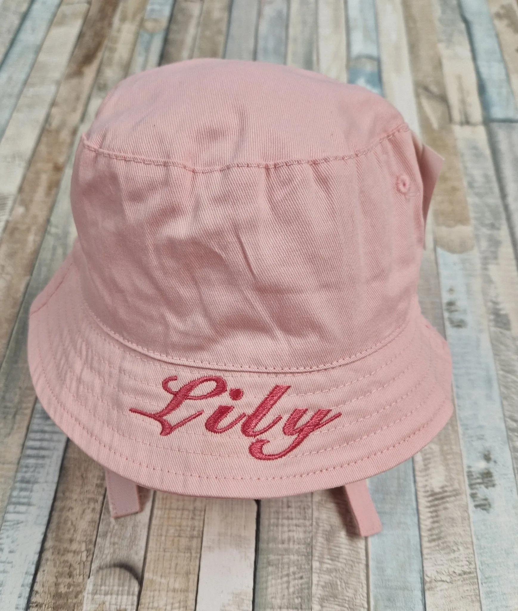 Personalised Baby Girls Pink Bucket Hat With Chin Strap
