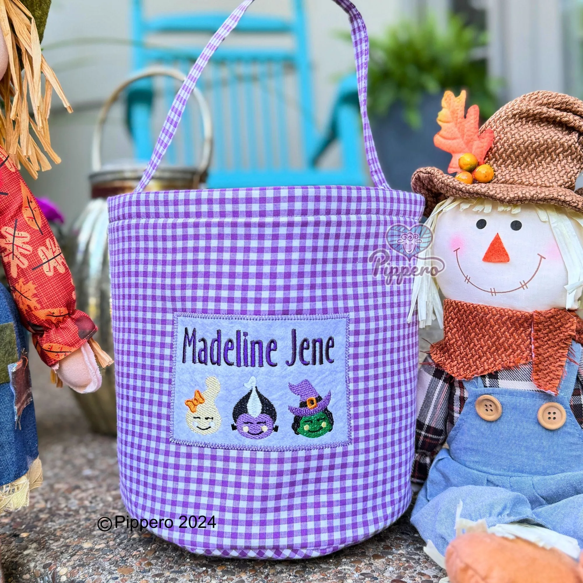 Personalized Custom Embroidered Halloween Trick-or-Treat Candy Basket Bag Bucket Tote Gingham Dracula Frankenstein Witch Pumpkin Boy Girl