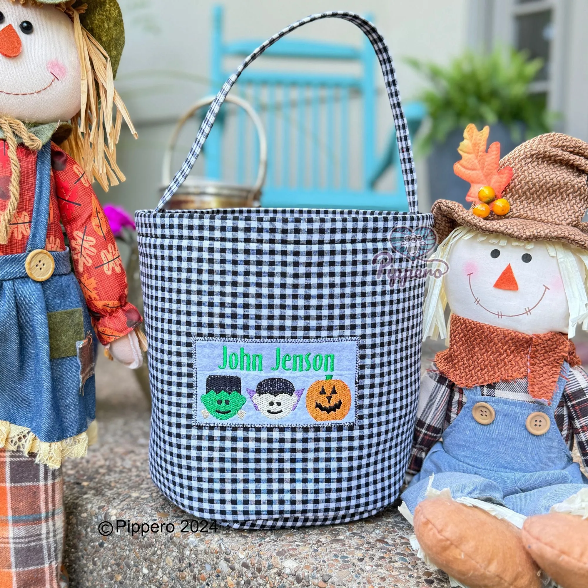 Personalized Custom Embroidered Halloween Trick-or-Treat Candy Basket Bag Bucket Tote Gingham Dracula Frankenstein Witch Pumpkin Boy Girl